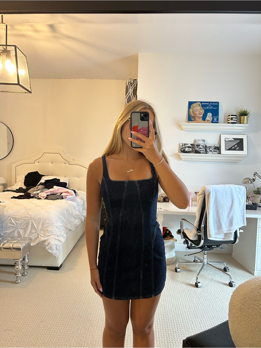 Zara Dark Blue Denim Square-Neck Mini Dress